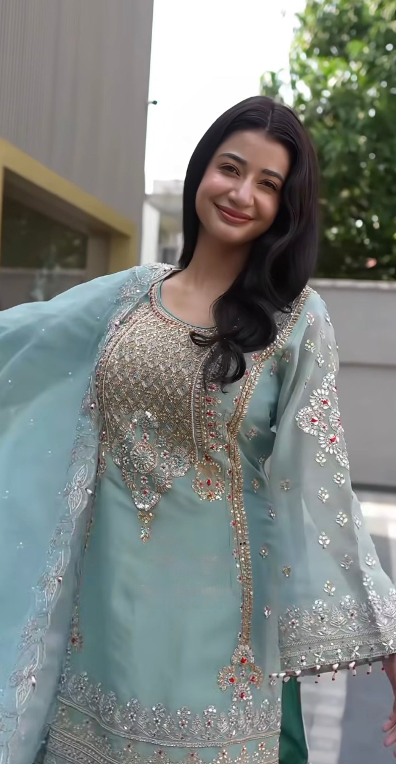 Pretty Dusty Blue Faux Georgette Thread Work Salwar Suit