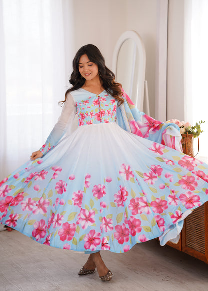 Sky Blue & White Floral Printed Anarkali Kurta with Pants & Dupatta Set