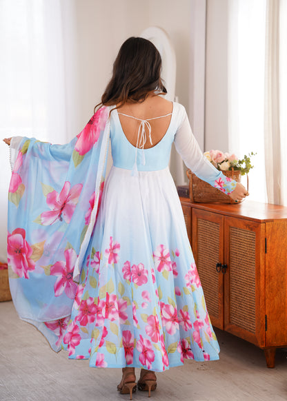 Sky Blue & White Floral Printed Anarkali Kurta with Pants & Dupatta Set