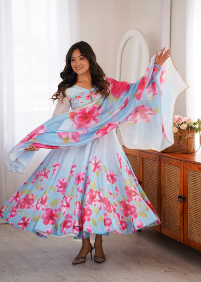 Sky Blue & White Floral Printed Anarkali Kurta with Pants & Dupatta Set