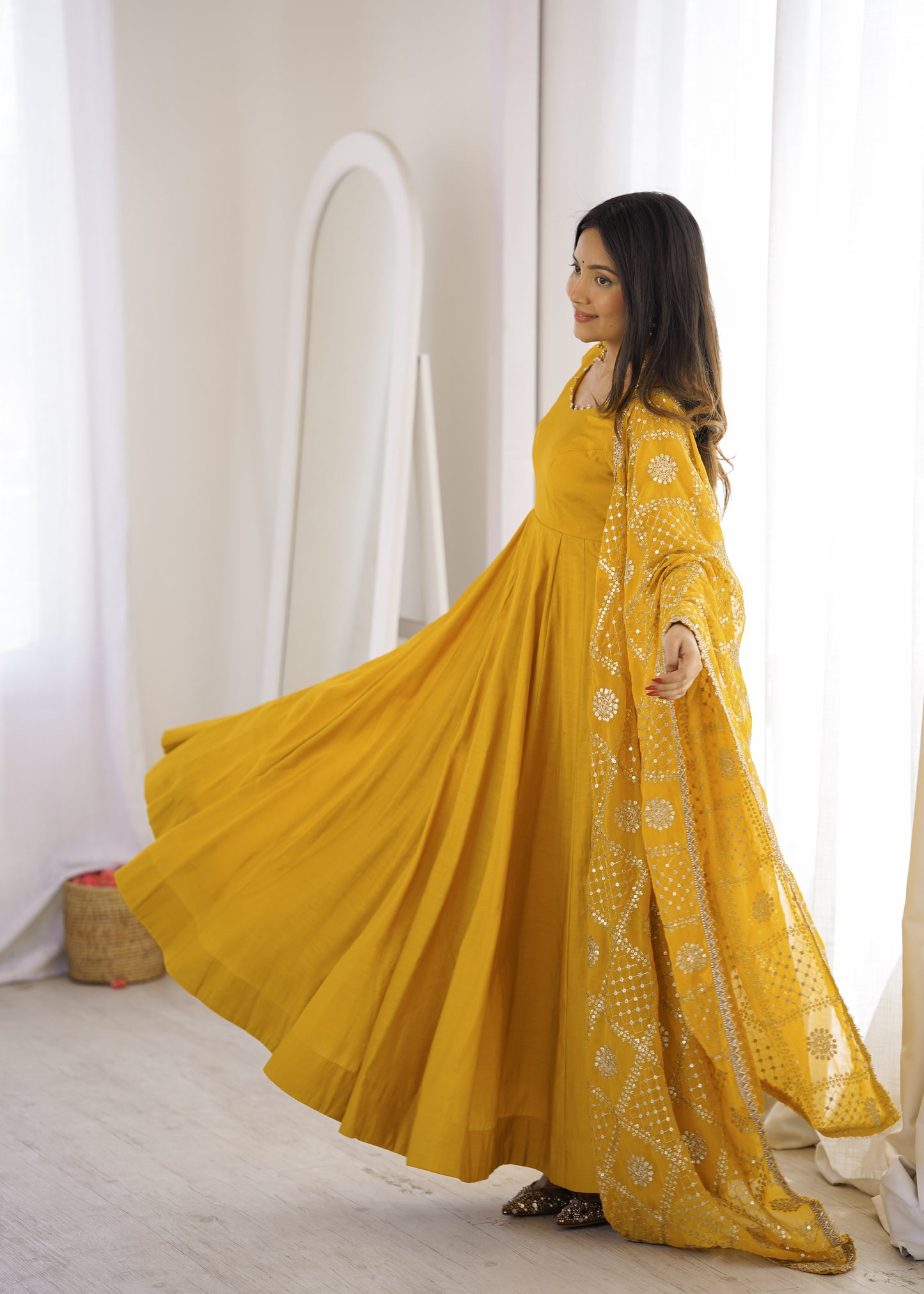 Elegant Plain Flared Anarkali Dress with Heavily Work Dupatta (3-Piece Set)