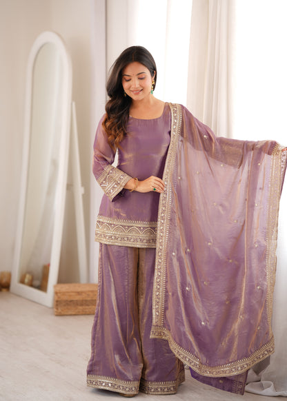 Lavender Zari Work Kurta Sharara Set