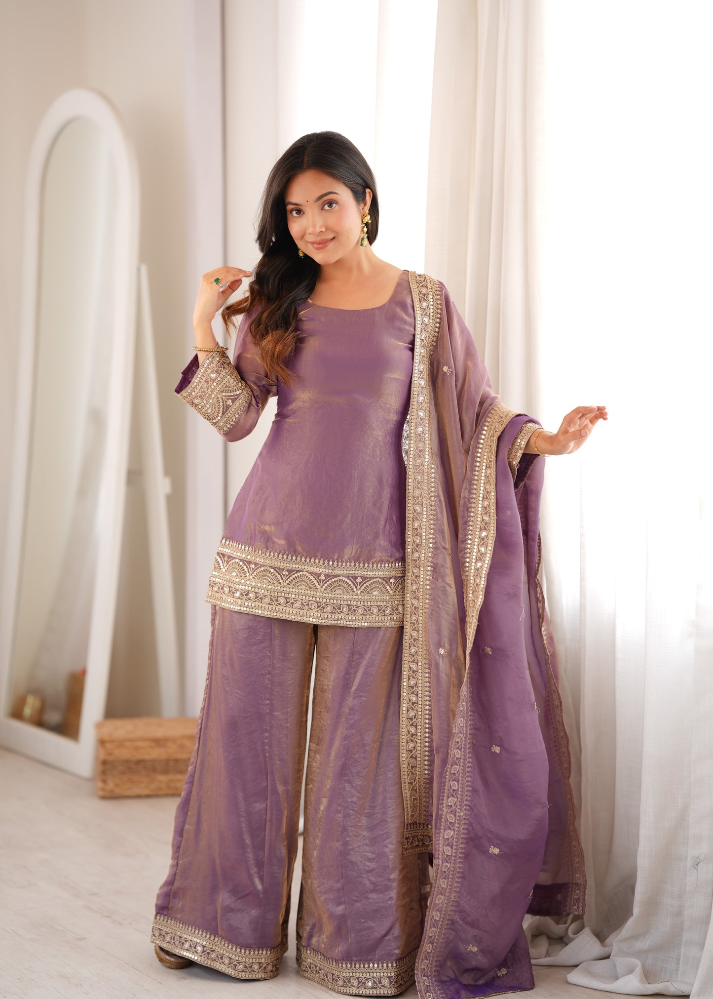 Lavender Zari Work Kurta Sharara Set