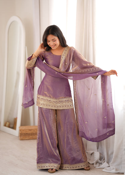 Lavender Zari Work Kurta Sharara Set