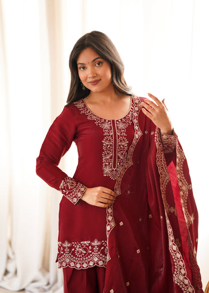 Women's Party Wear Maroon Cutwork Embroidered Short Kurti Salwar Set