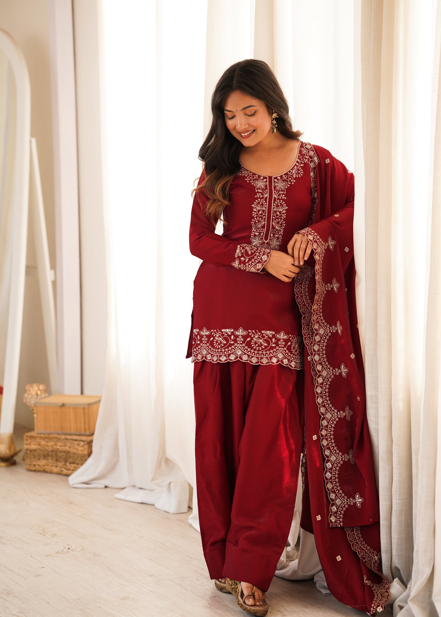 Women's Party Wear Maroon Cutwork Embroidered Short Kurti Salwar Set