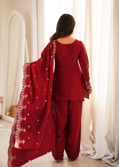 Women's Party Wear Maroon Cutwork Embroidered Short Kurti Salwar Set