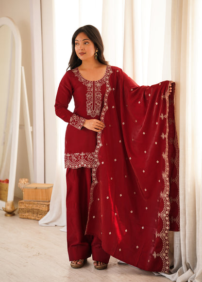 Women's Party Wear Maroon Cutwork Embroidered Short Kurti Salwar Set