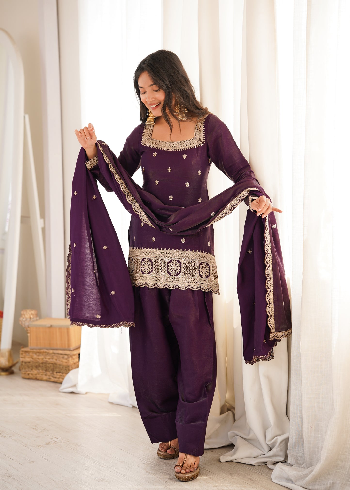 Designer Dark Purple Embroidered Short Kurti & Tulip Salwar Suit Set