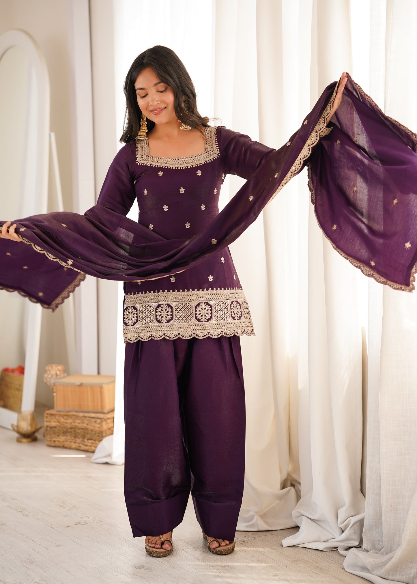 Designer Dark Purple Embroidered Short Kurti & Tulip Salwar Suit Set