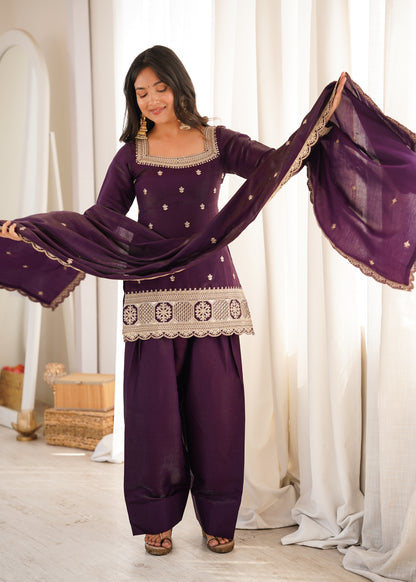 Designer Dark Purple Embroidered Short Kurti & Tulip Salwar Suit Set