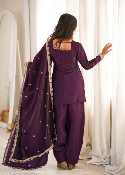 Designer Dark Purple Embroidered Short Kurti & Tulip Salwar Suit Set