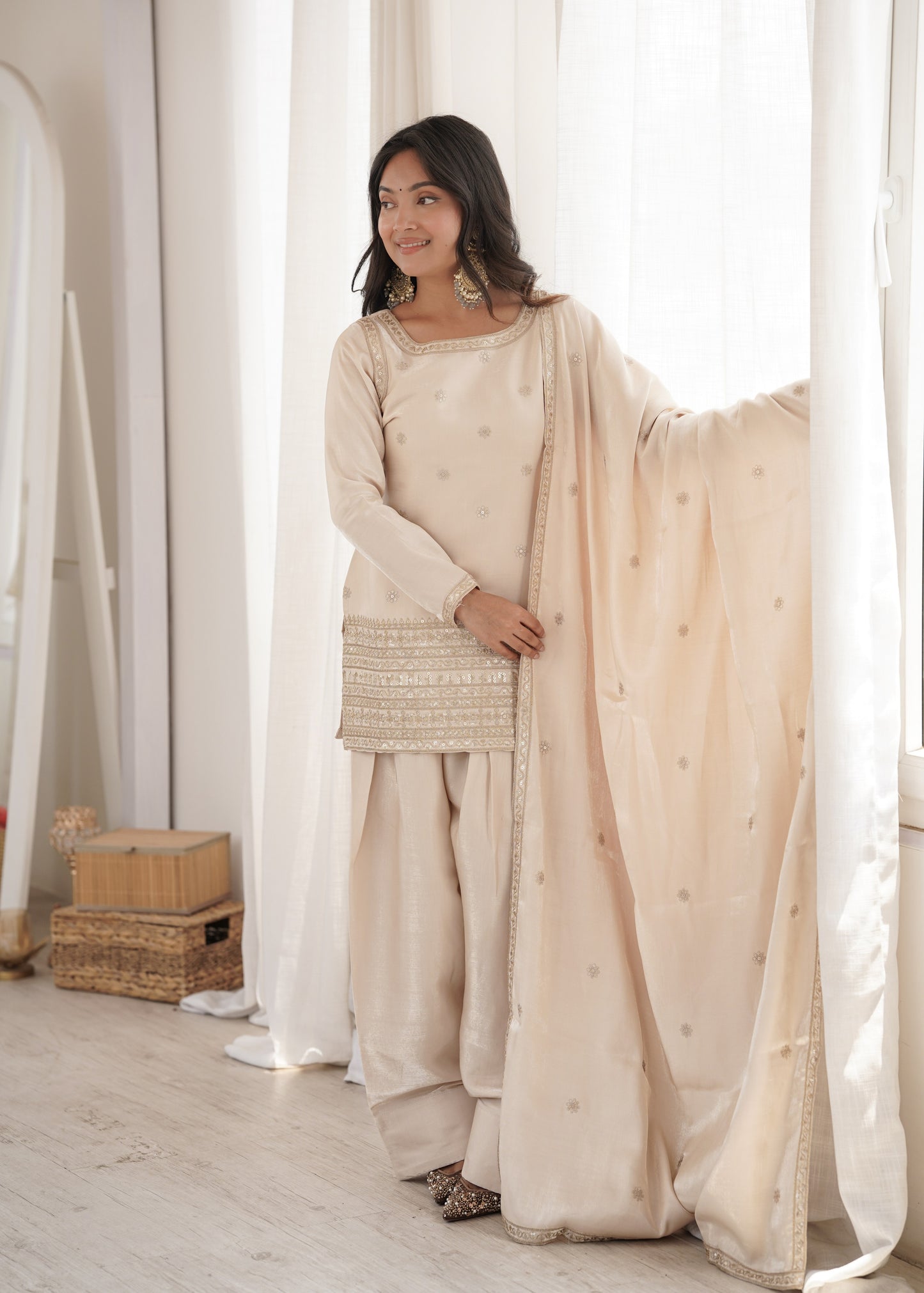 Latest Design Cream Embroidered Party Wear Kurta Salwar Set