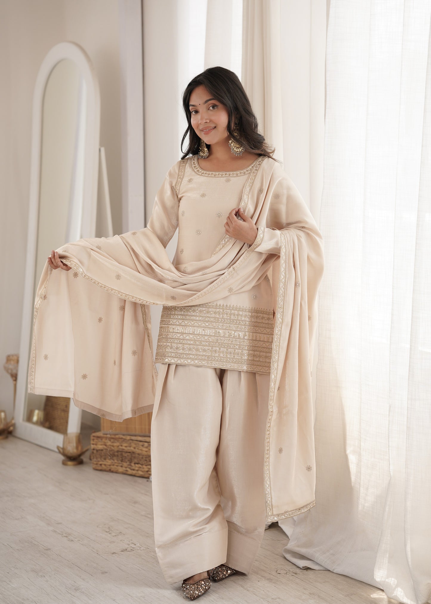 Latest Design Cream Embroidered Party Wear Kurta Salwar Set