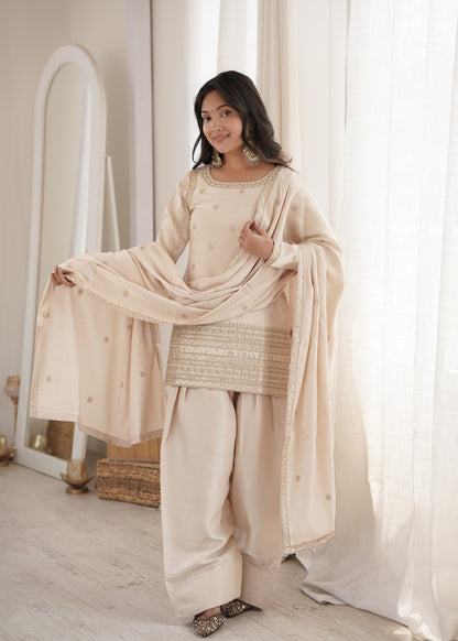 Latest Design Cream Embroidered Party Wear Kurta Salwar Set