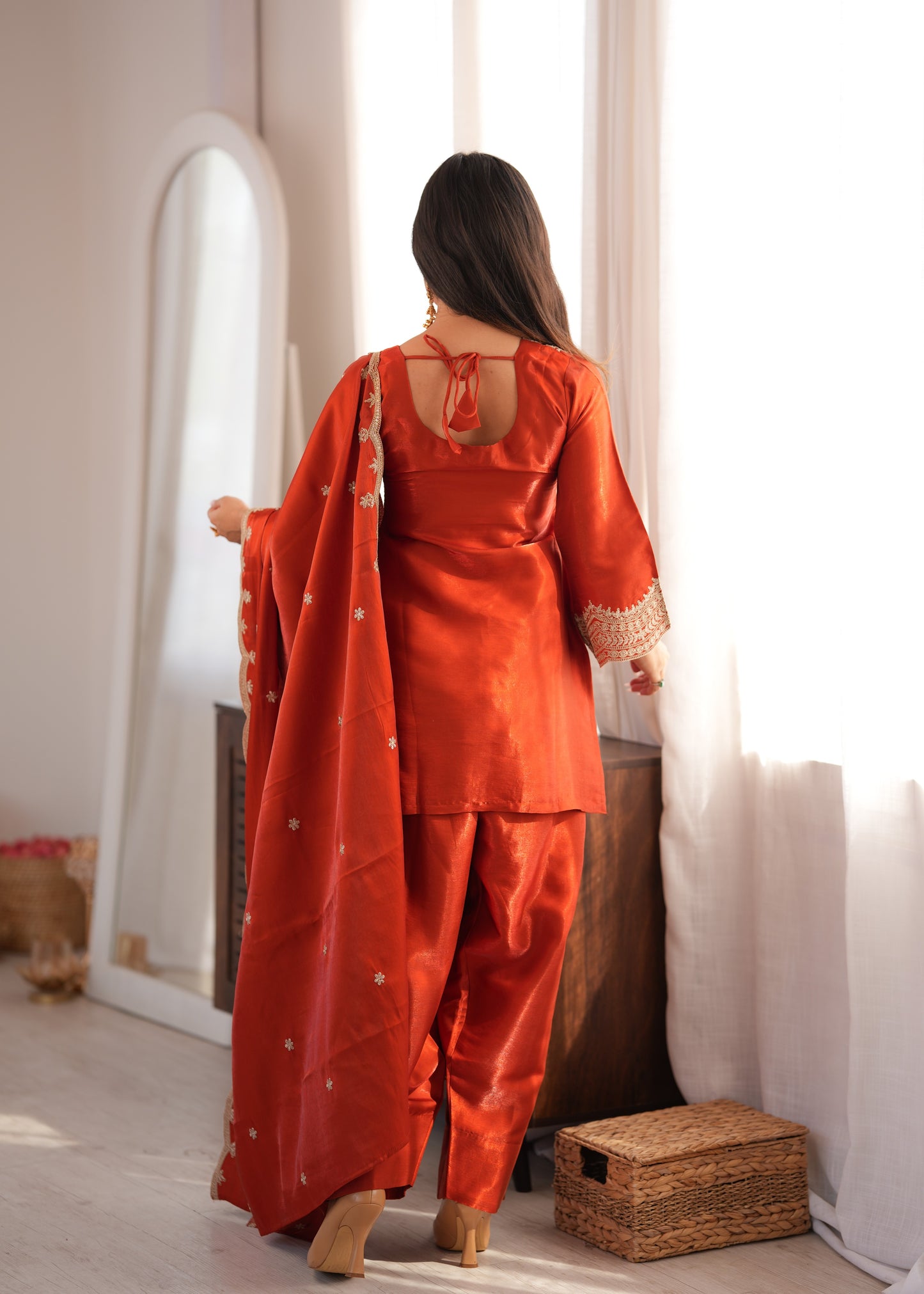 Rust Red Embroidered Short Kurti with Patiala Salwar & Cutwork Dupatta Set