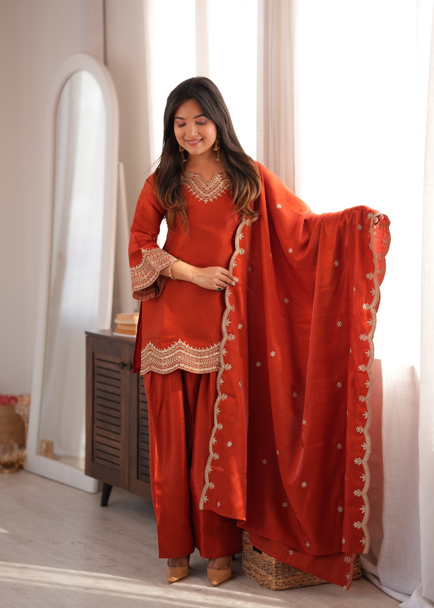 Rust Red Embroidered Short Kurti with Patiala Salwar & Cutwork Dupatta Set