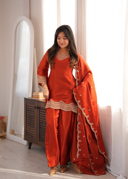 Rust Red Embroidered Short Kurti with Patiala Salwar & Cutwork Dupatta Set