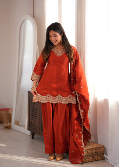 Rust Red Embroidered Short Kurti with Patiala Salwar & Cutwork Dupatta Set