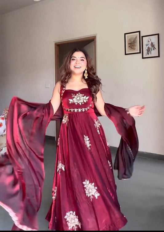 Maroon Embroidered Fendy Silk Anarkali Suit – Perfect for Wedding & Festive Wear