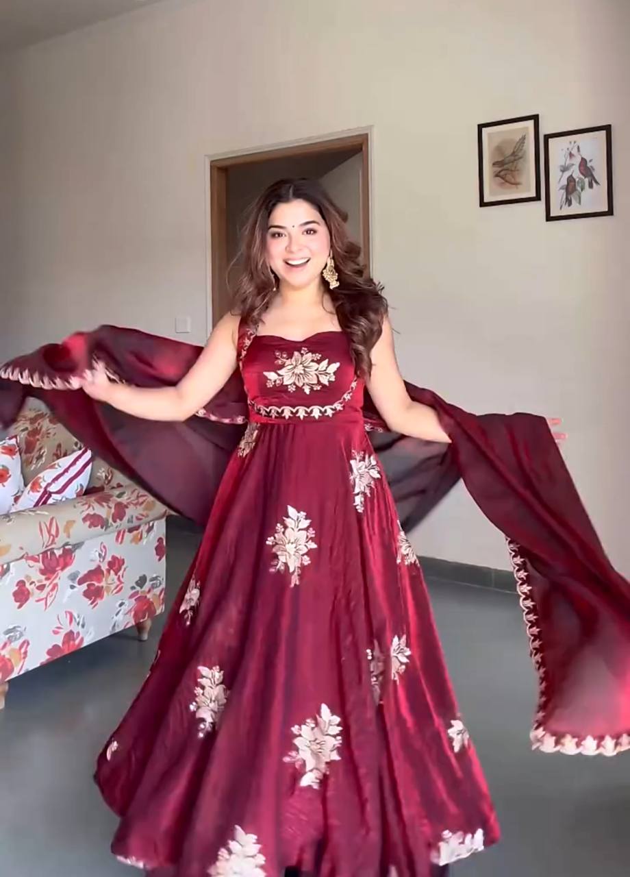 Maroon Embroidered Fendy Silk Anarkali Suit – Perfect for Wedding & Festive Wear