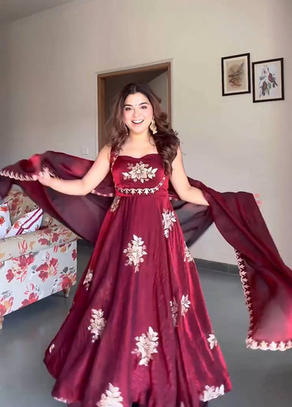 Maroon Embroidered Fendy Silk Anarkali Suit – Perfect for Wedding & Festive Wear