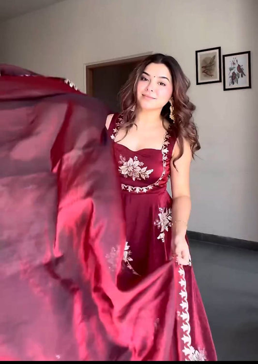 Maroon Embroidered Fendy Silk Anarkali Suit – Perfect for Wedding & Festive Wear