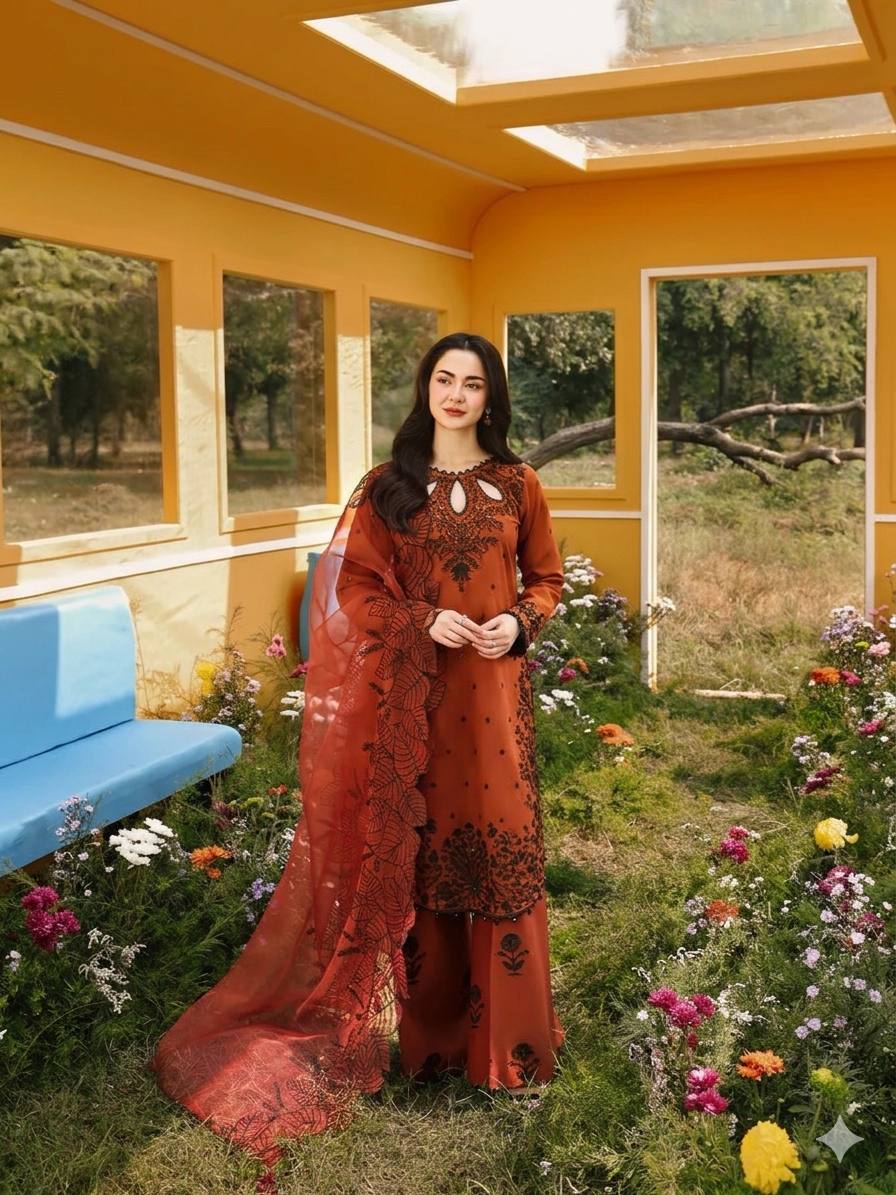 remium Designer Ethnic Set – Satin Rayon Top, Embroidered Plazzo & Dupatta