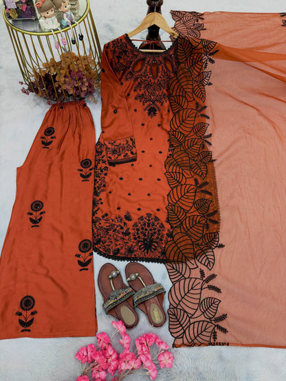 remium Designer Ethnic Set – Satin Rayon Top, Embroidered Plazzo & Dupatta