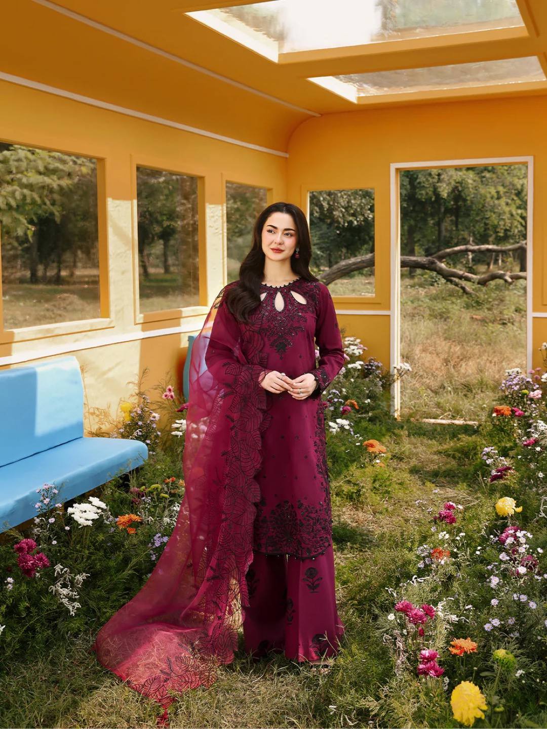 remium Designer Ethnic Set – Satin Rayon Top, Embroidered Plazzo & Dupatta