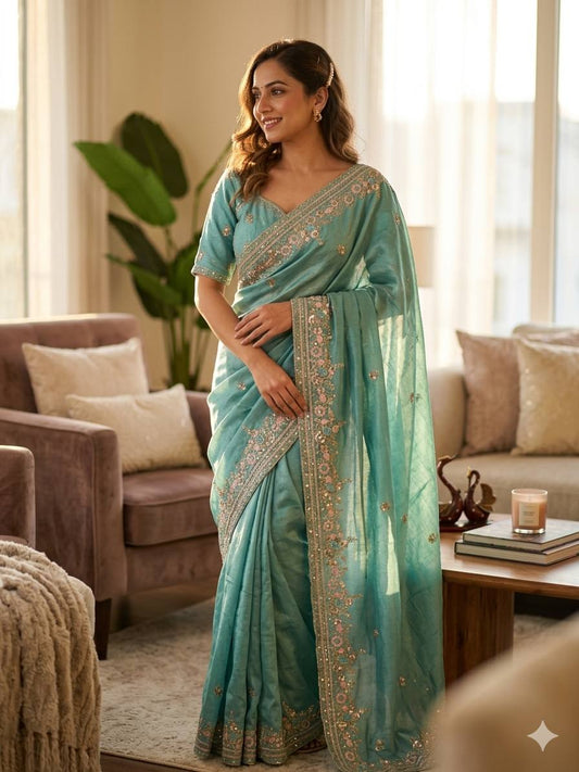 Designer Soft NC Vichitra Saree | Sequins & Multicolor Thread Embroidery Work | Heavy Sequins Unstitched BlouseDesigner Soft NC Vichitra Saree | Sequins & Multicolor Thread Embroidery Work | Heavy Sequins Unstitched Blouse