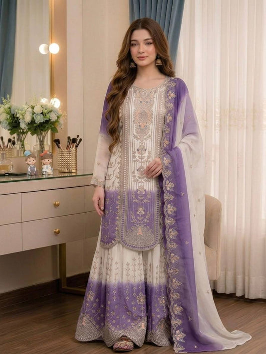 Đěsigner Party Wear Look Pur Heavy Dual Tone Peding Star Georgette Top Plazzo & Dupatta Se