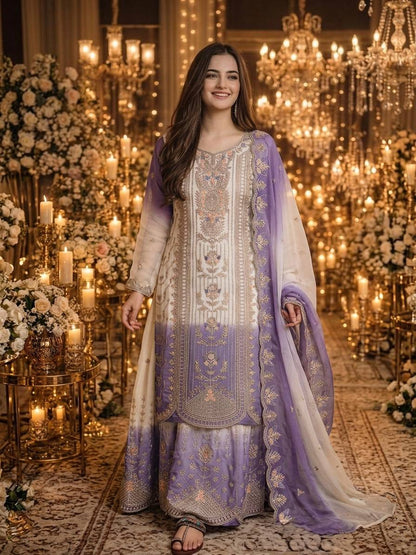 Đěsigner Party Wear Look Pur Heavy Dual Tone Peding Star Georgette Top Plazzo & Dupatta Se