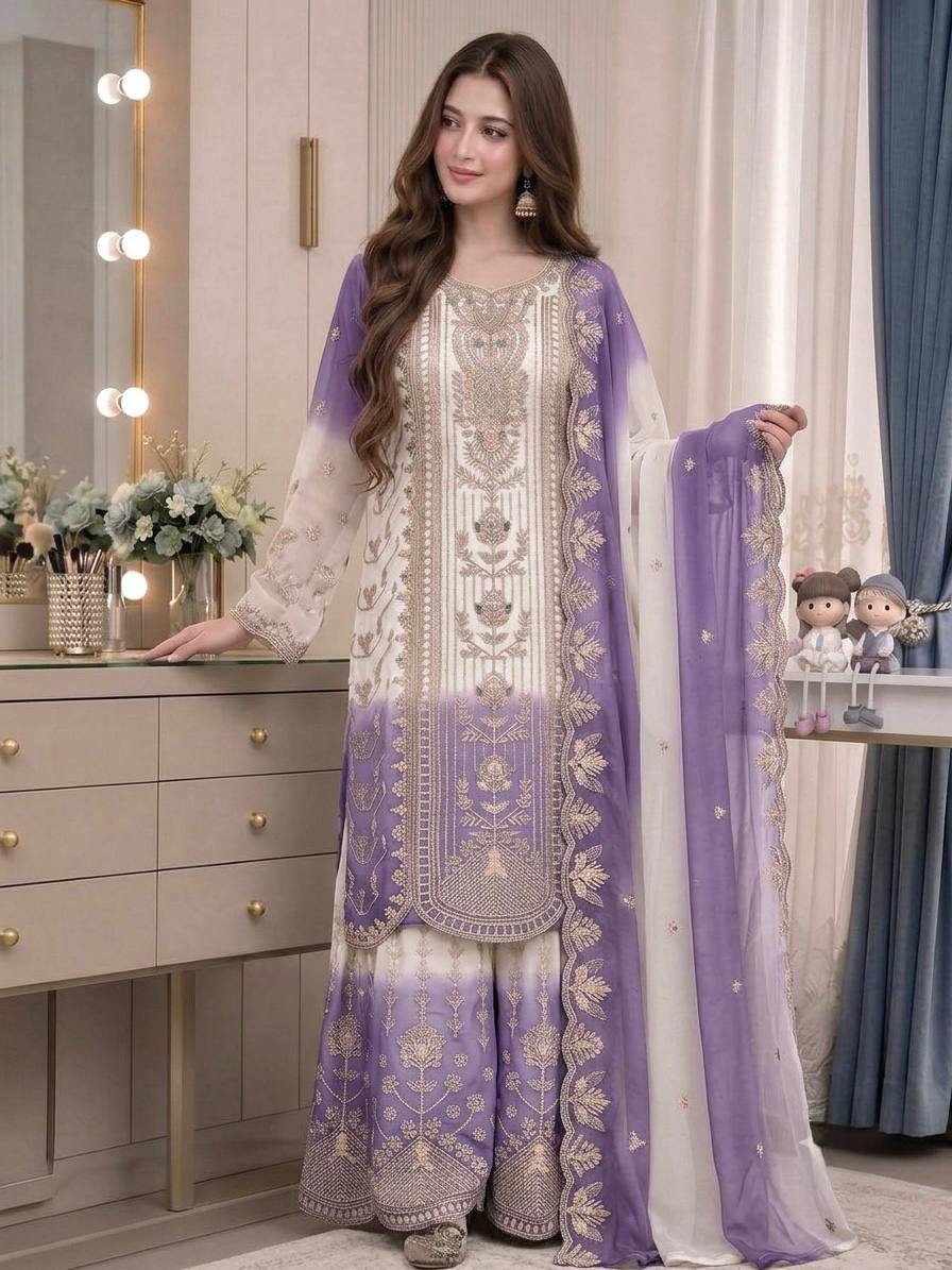 Đěsigner Party Wear Look Pur Heavy Dual Tone Peding Star Georgette Top Plazzo & Dupatta Se