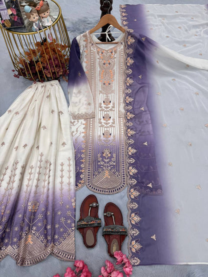 Đěsigner Party Wear Look Pur Heavy Dual Tone Peding Star Georgette Top Plazzo & Dupatta Se