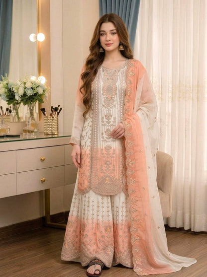 Đěsigner Party Wear Look Pur Heavy Dual Tone Peding Star Georgette Top Plazzo & Dupatta Se