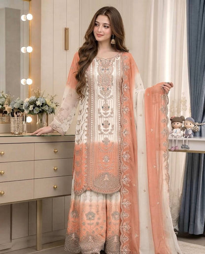 Đěsigner Party Wear Look Pur Heavy Dual Tone Peding Star Georgette Top Plazzo & Dupatta Se