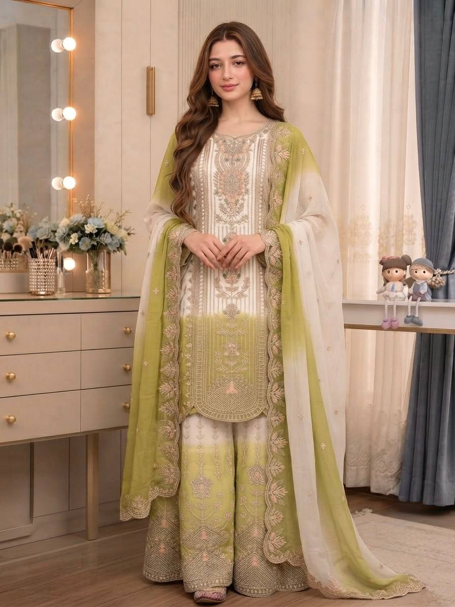 Đěsigner Party Wear Look Pur Heavy Dual Tone Peding Star Georgette Top Plazzo & Dupatta Se