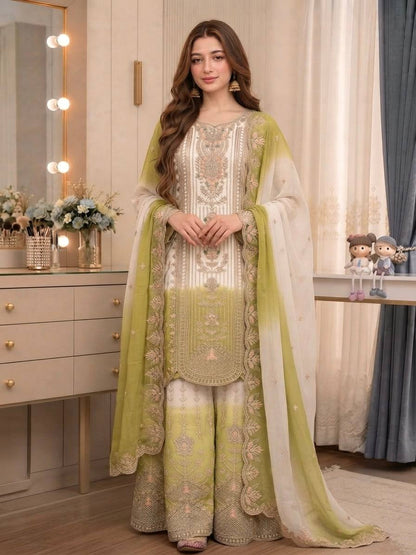 Đěsigner Party Wear Look Pur Heavy Dual Tone Peding Star Georgette Top Plazzo & Dupatta Se