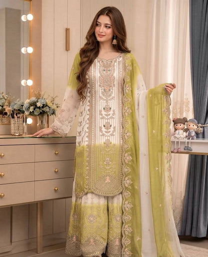 Đěsigner Party Wear Look Pur Heavy Dual Tone Peding Star Georgette Top Plazzo & Dupatta Se