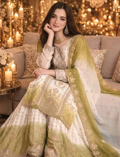 Đěsigner Party Wear Look Pur Heavy Dual Tone Peding Star Georgette Top Plazzo & Dupatta Se
