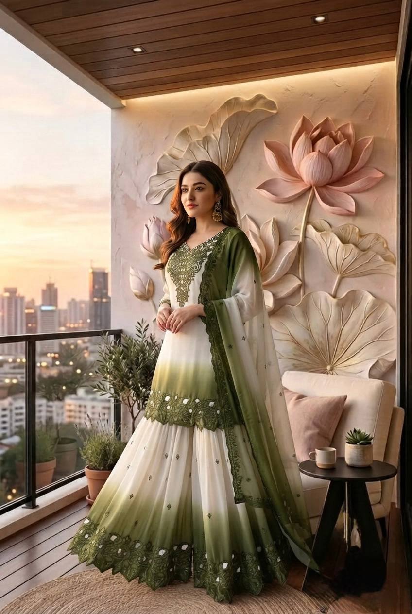 ěsigner Party Wear Look Pur Heavy Dual Tone Peding Star Georgette Top Plazzo & Dupatta Set