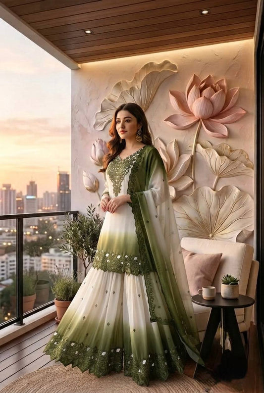 Designer Party Wear Look Pure Heavy Dual Tone Pedding Star Georgette Top Plazzo & Dupatta Set