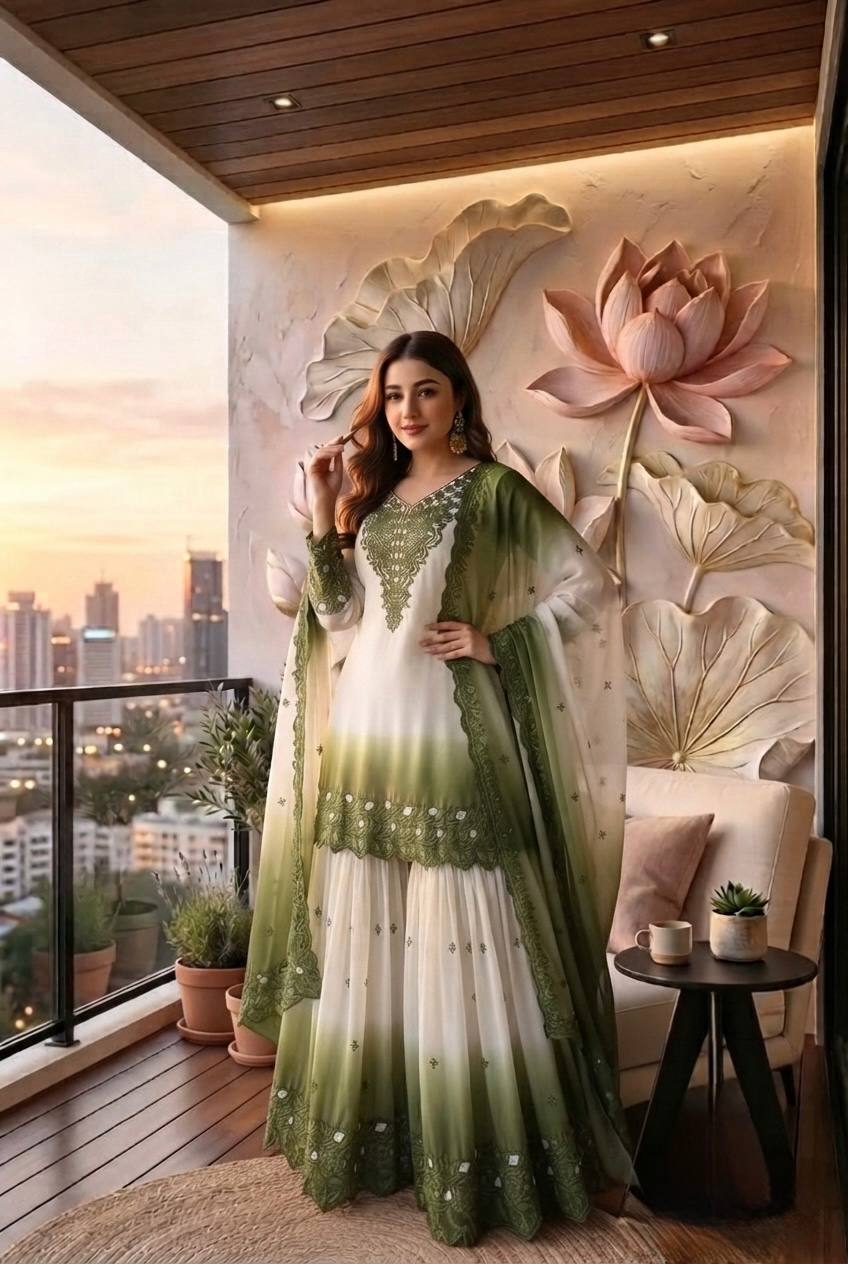 ěsigner Party Wear Look Pur Heavy Dual Tone Peding Star Georgette Top Plazzo & Dupatta Set