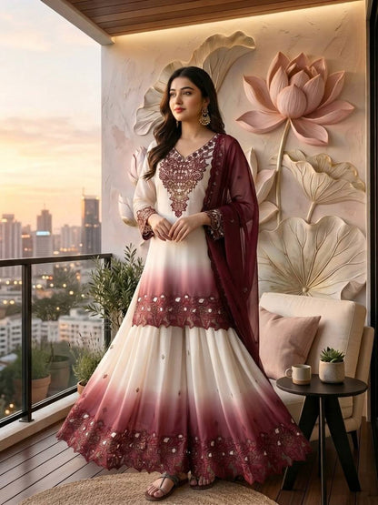 ěsigner Party Wear Look Pur Heavy Dual Tone Peding Star Georgette Top Plazzo & Dupatta Set