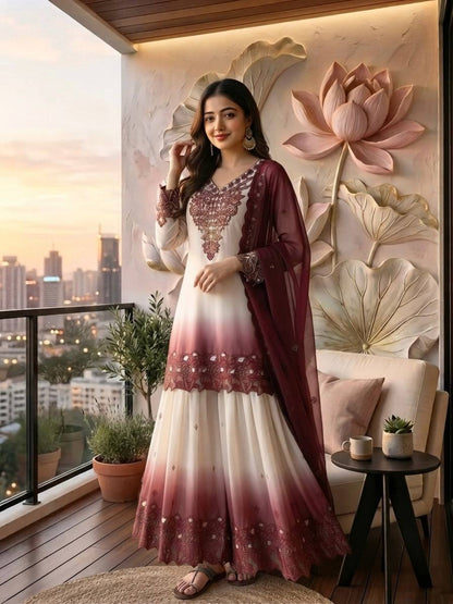 ěsigner Party Wear Look Pur Heavy Dual Tone Peding Star Georgette Top Plazzo & Dupatta Set