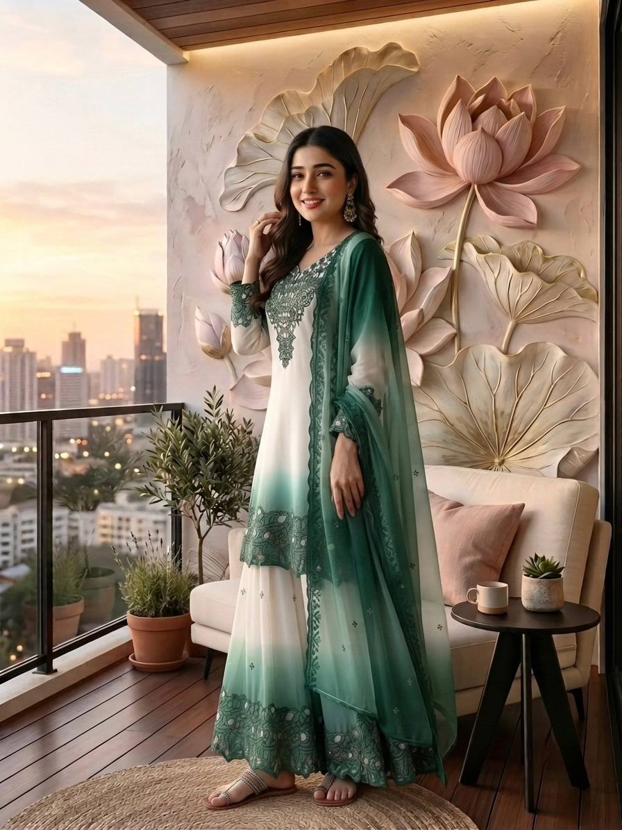 ěsigner Party Wear Look Pur Heavy Dual Tone Peding Star Georgette Top Plazzo & Dupatta Set