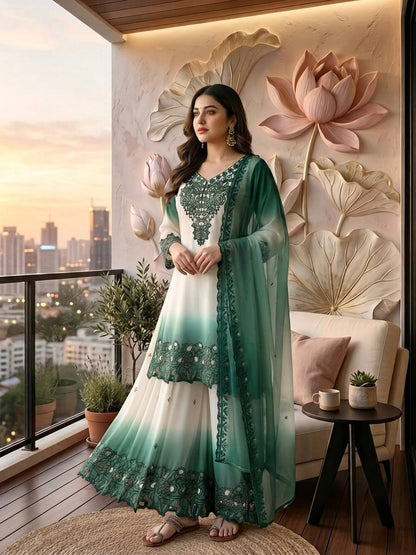 ěsigner Party Wear Look Pur Heavy Dual Tone Peding Star Georgette Top Plazzo & Dupatta Set