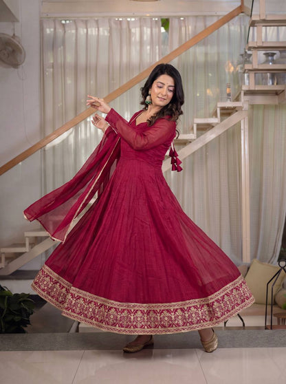 Women's Maroon Anarkali Suit with Dupatta – Elegant Embroidered Ethnic Wear