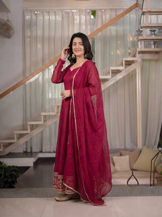 Women's Maroon Anarkali Suit with Dupatta – Elegant Embroidered Ethnic Wear